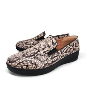 Fitflop Superskate Taupe & Grey Snake Print Leather Slip-On Loafers